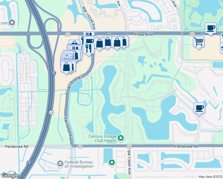 map of restaurants, bars, coffee shops, grocery stores, and more near 850 Southwest 138th Avenue in Pembroke Pines