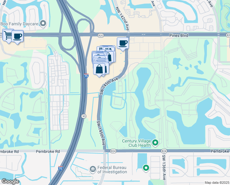 map of restaurants, bars, coffee shops, grocery stores, and more near 948 Southwest 144th Avenue in Pembroke Pines