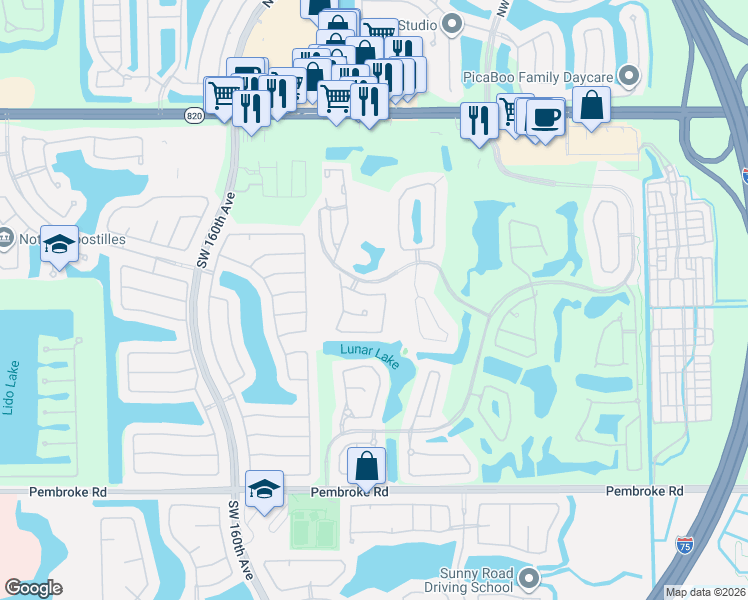 map of restaurants, bars, coffee shops, grocery stores, and more near 15851 Southwest 10th Street in Pembroke Pines