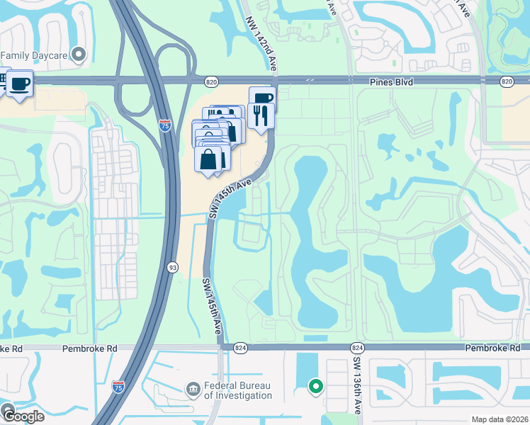 map of restaurants, bars, coffee shops, grocery stores, and more near 945 Southwest 143rd Avenue in Pembroke Pines