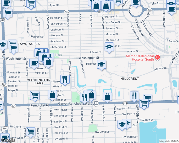 map of restaurants, bars, coffee shops, grocery stores, and more near 1001 Hillcrest Court in Hollywood