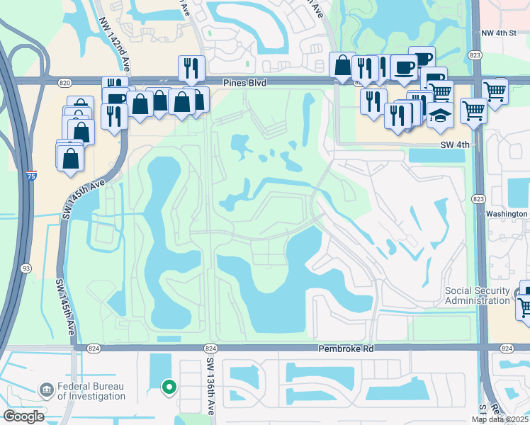 map of restaurants, bars, coffee shops, grocery stores, and more near 850 Southwest 133rd Terrace in Pembroke Pines