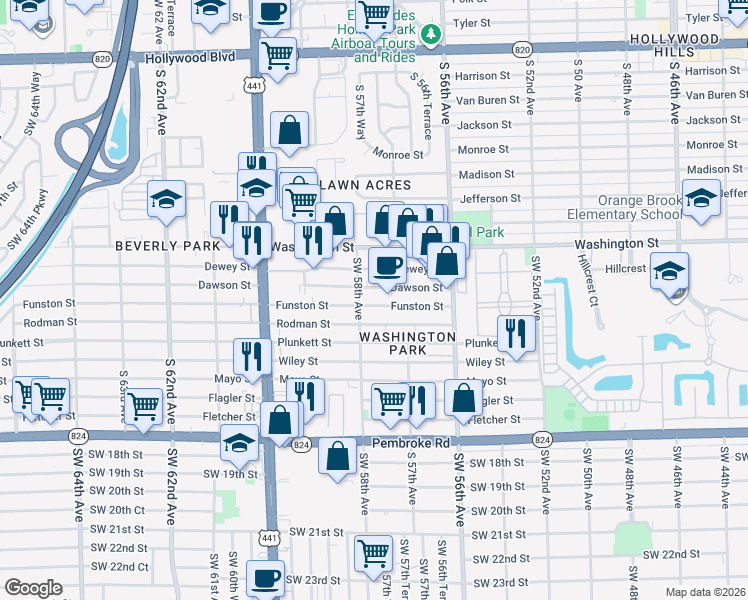 map of restaurants, bars, coffee shops, grocery stores, and more near 5722 Dawson Street in Hollywood