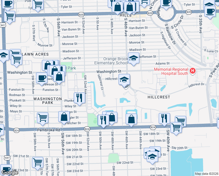 map of restaurants, bars, coffee shops, grocery stores, and more near 1001 Hillcrest Court in Hollywood