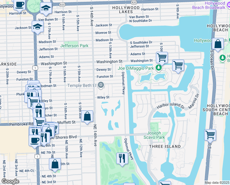 map of restaurants, bars, coffee shops, grocery stores, and more near 1245 Coral Lane in Hollywood
