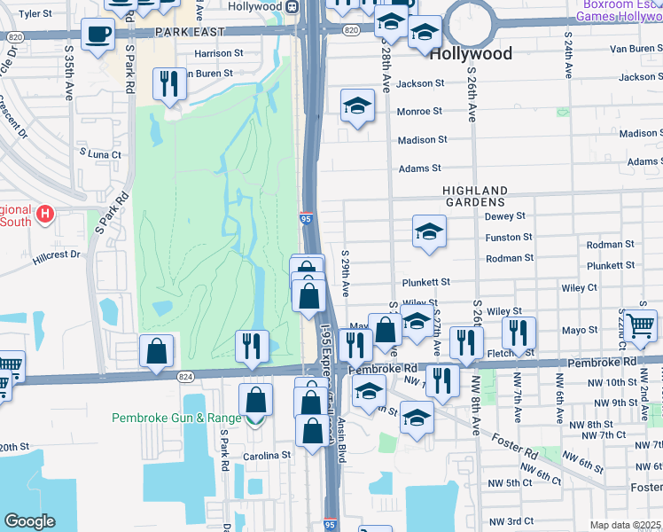 map of restaurants, bars, coffee shops, grocery stores, and more near 2918 Funston Street in Hollywood