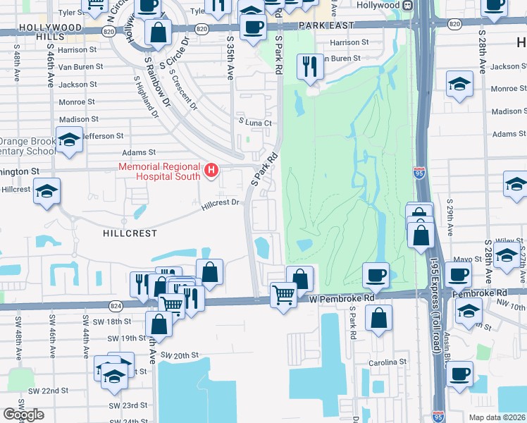 map of restaurants, bars, coffee shops, grocery stores, and more near 1041 South Park Road in Hollywood