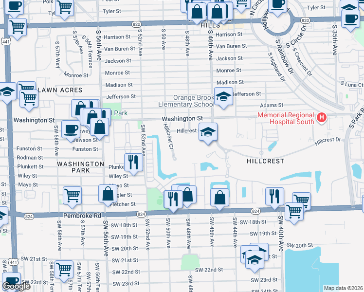 map of restaurants, bars, coffee shops, grocery stores, and more near 1001 Hillcrest Court in Hollywood