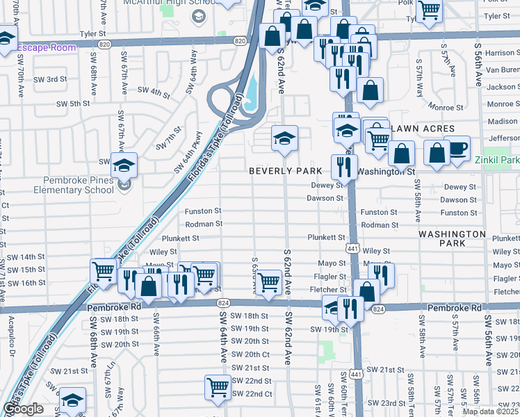 map of restaurants, bars, coffee shops, grocery stores, and more near 6232 Dawson Street in Hollywood