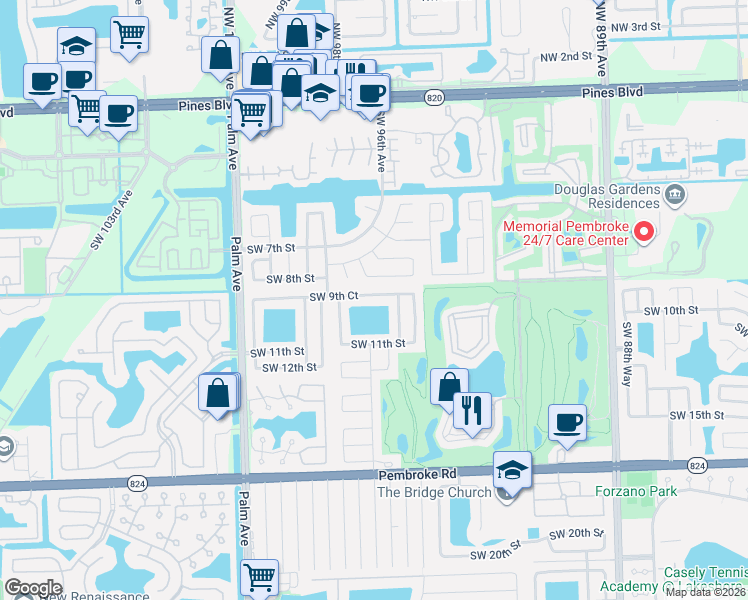 map of restaurants, bars, coffee shops, grocery stores, and more near 9701 Southwest 9th Court in Pembroke Pines