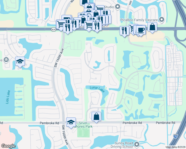 map of restaurants, bars, coffee shops, grocery stores, and more near 15851 Southwest 10th Street in Pembroke Pines