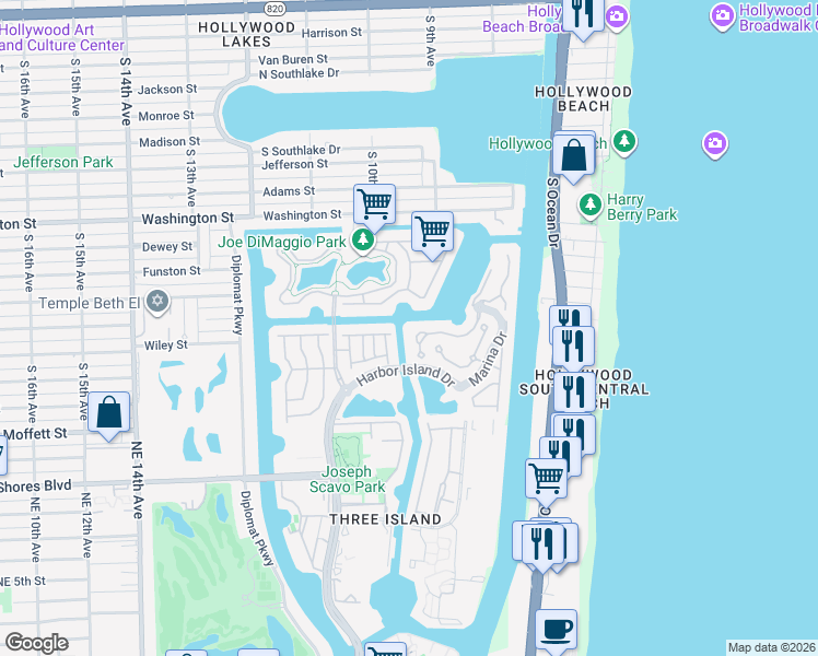 map of restaurants, bars, coffee shops, grocery stores, and more near 1466 Commodore Way in Hollywood