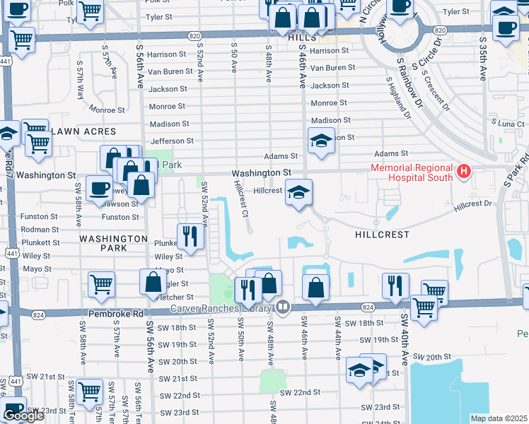 map of restaurants, bars, coffee shops, grocery stores, and more near 1001 Hillcrest Court in Hollywood
