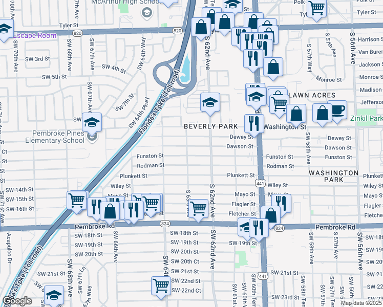 map of restaurants, bars, coffee shops, grocery stores, and more near 6291 Funston Street in Hollywood