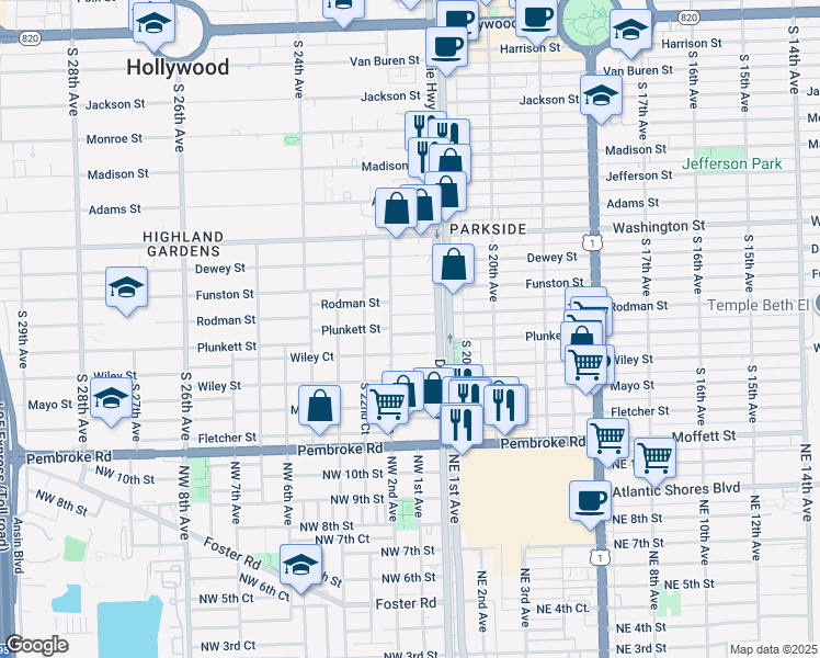 map of restaurants, bars, coffee shops, grocery stores, and more near 2123 Plunkett Street in Hollywood
