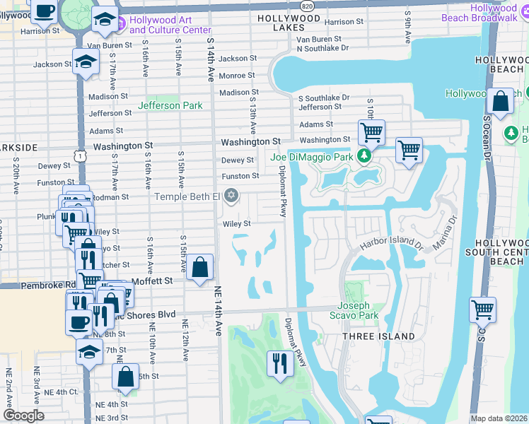 map of restaurants, bars, coffee shops, grocery stores, and more near 1245 Coral Lane in Hollywood