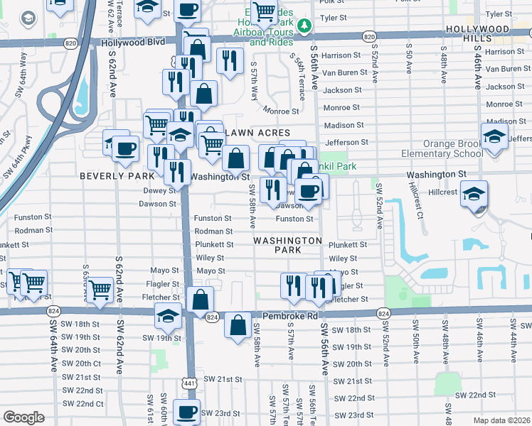 map of restaurants, bars, coffee shops, grocery stores, and more near 5722 Dawson Street in Hollywood