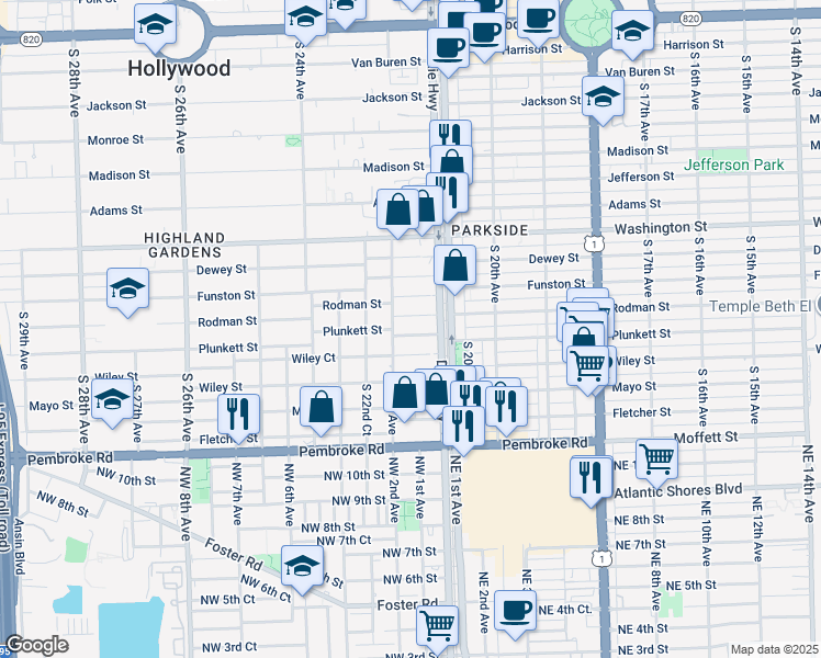 map of restaurants, bars, coffee shops, grocery stores, and more near 2123 Plunkett Street in Hollywood