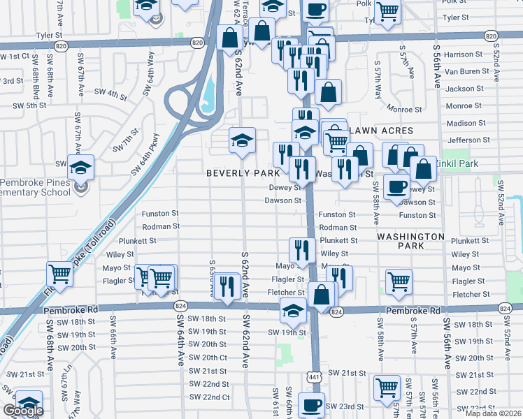 map of restaurants, bars, coffee shops, grocery stores, and more near 6100 Dawson Street in Hollywood