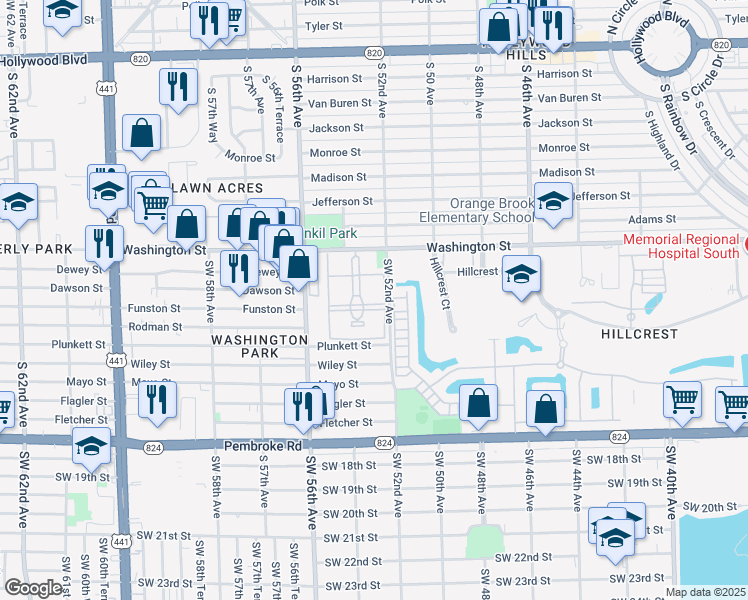 map of restaurants, bars, coffee shops, grocery stores, and more near 5300 Washington Street in Hollywood