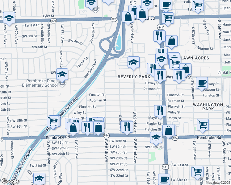 map of restaurants, bars, coffee shops, grocery stores, and more near 6312 Dawson Street in Hollywood