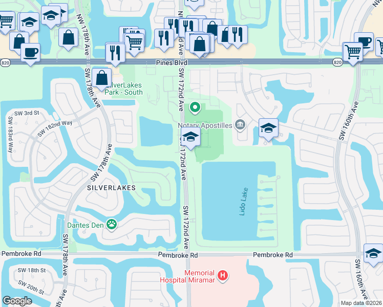 map of restaurants, bars, coffee shops, grocery stores, and more near 601 Southwest 172nd Avenue in Pembroke Pines