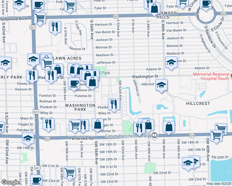 map of restaurants, bars, coffee shops, grocery stores, and more near 5300 Washington Street in Hollywood
