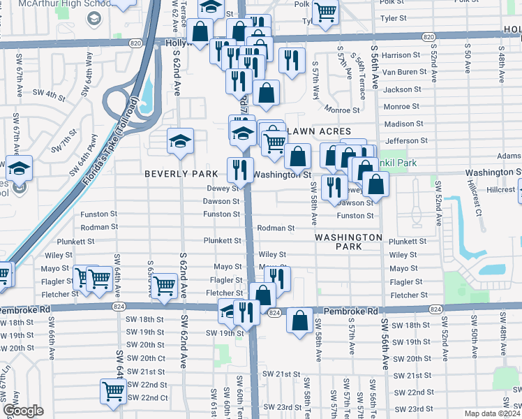 map of restaurants, bars, coffee shops, grocery stores, and more near 1025 Florida 7 in Hollywood