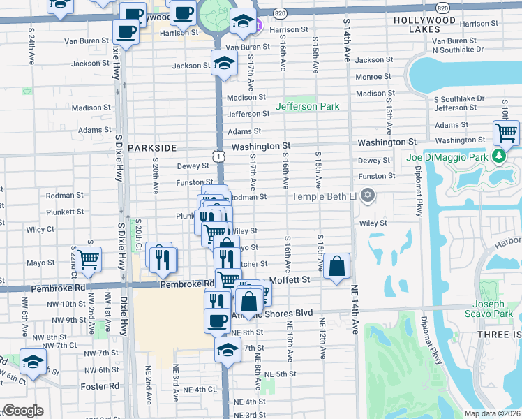 map of restaurants, bars, coffee shops, grocery stores, and more near 1643 Plunkett Street in Hollywood