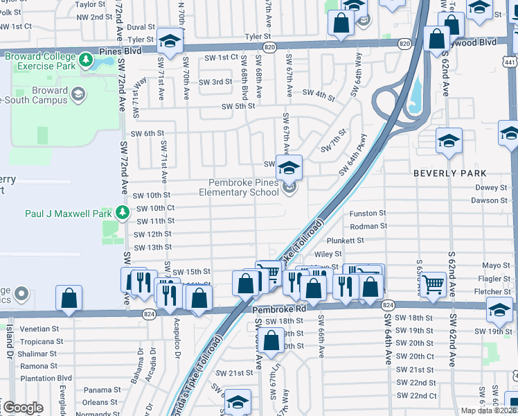 map of restaurants, bars, coffee shops, grocery stores, and more near in Pembroke Pines