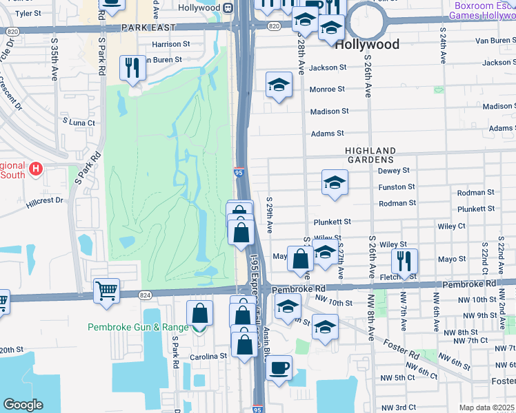 map of restaurants, bars, coffee shops, grocery stores, and more near 2917 Plunkett Street in Hollywood