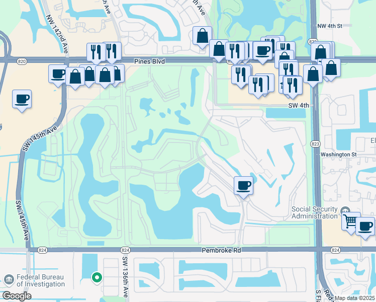 map of restaurants, bars, coffee shops, grocery stores, and more near 901 Southwest 128th Terrace in Pembroke Pines