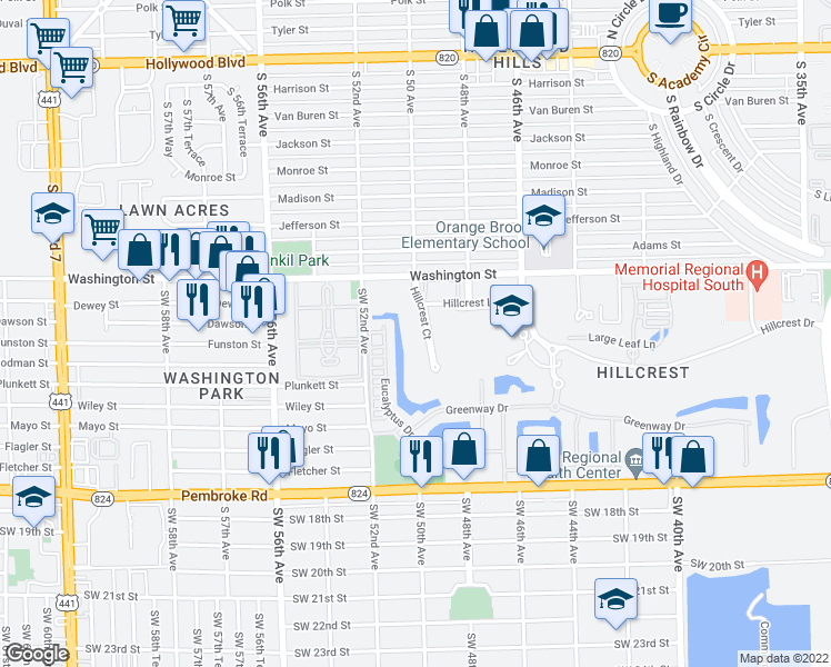 map of restaurants, bars, coffee shops, grocery stores, and more near 981 Hillcrest Court in Hollywood