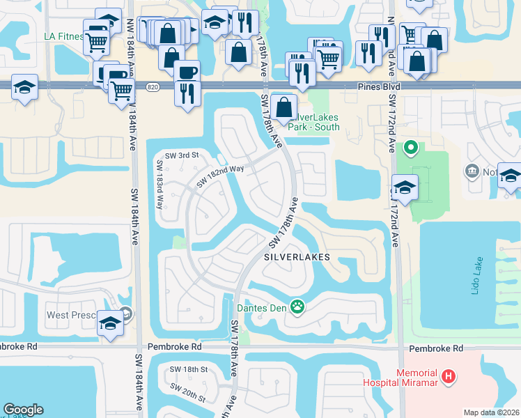 map of restaurants, bars, coffee shops, grocery stores, and more near 565 Southwest 180th Avenue in Pembroke Pines