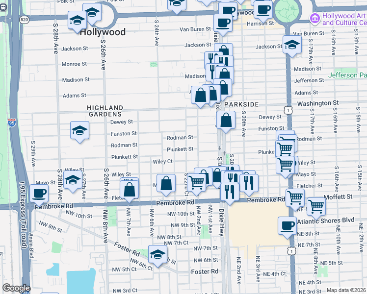 map of restaurants, bars, coffee shops, grocery stores, and more near 2243 Plunkett Street in Hollywood