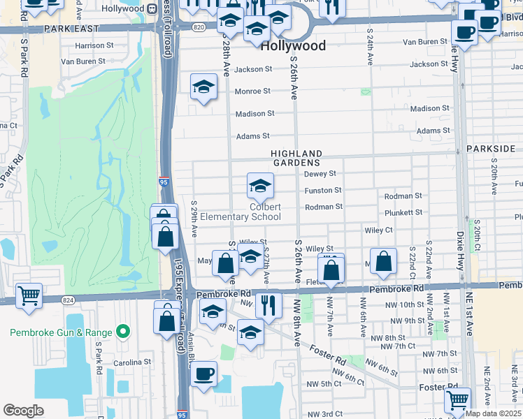 map of restaurants, bars, coffee shops, grocery stores, and more near 2702 Funston Street in Hollywood