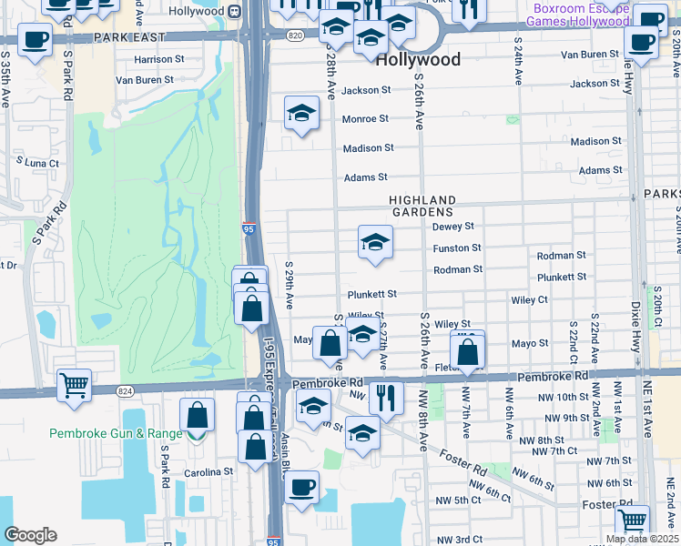 map of restaurants, bars, coffee shops, grocery stores, and more near 1130 South 28th Avenue in Hollywood