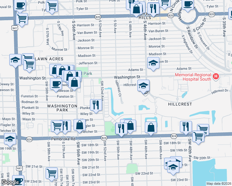 map of restaurants, bars, coffee shops, grocery stores, and more near 981 Hillcrest Court in Hollywood