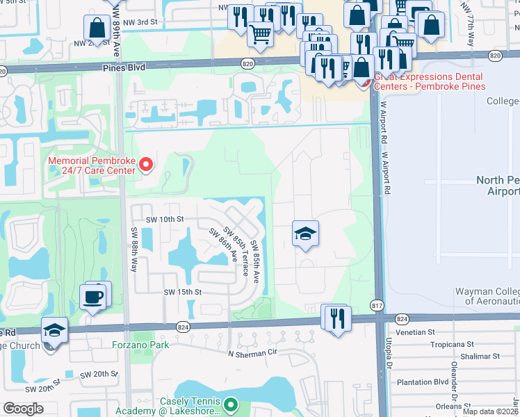 map of restaurants, bars, coffee shops, grocery stores, and more near 1001 Poinciana Drive in Pembroke Pines