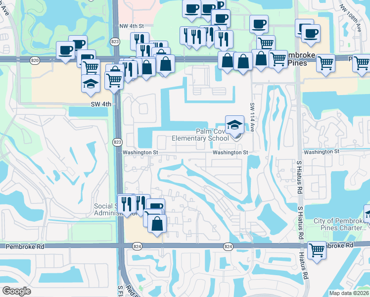 map of restaurants, bars, coffee shops, grocery stores, and more near 11830 Southwest 8th Street in Pembroke Pines