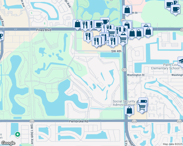 map of restaurants, bars, coffee shops, grocery stores, and more near 701 Southwest 128th Avenue in Pembroke Pines