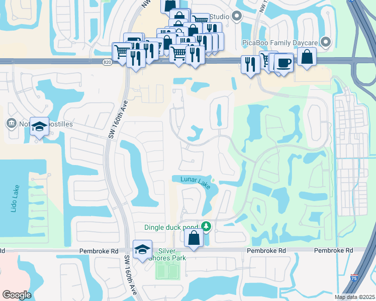 map of restaurants, bars, coffee shops, grocery stores, and more near 15851 Southwest 10th Street in Pembroke Pines