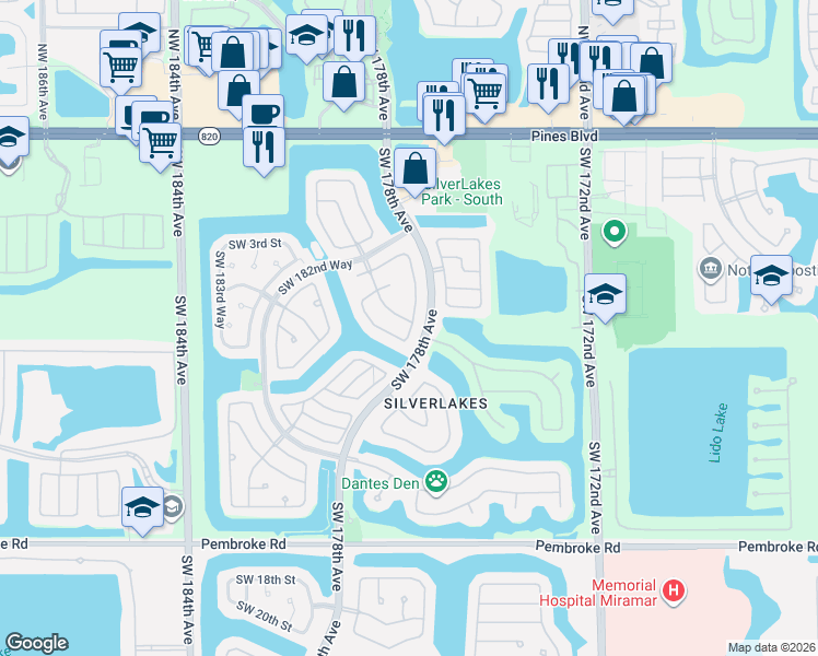 map of restaurants, bars, coffee shops, grocery stores, and more near 580 Southwest 178th Way in Pembroke Pines