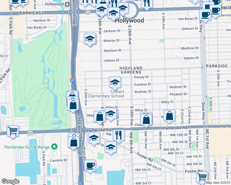 map of restaurants, bars, coffee shops, grocery stores, and more near 2701 Plunkett Street in Hollywood