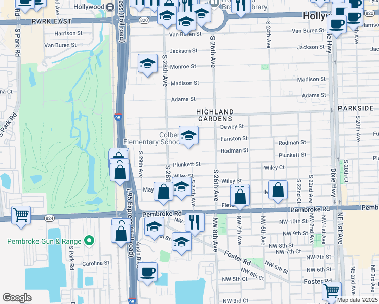 map of restaurants, bars, coffee shops, grocery stores, and more near 2701 Plunkett Street in Hollywood