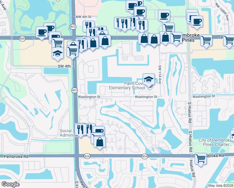 map of restaurants, bars, coffee shops, grocery stores, and more near 11830 Southwest 8th Street in Pembroke Pines