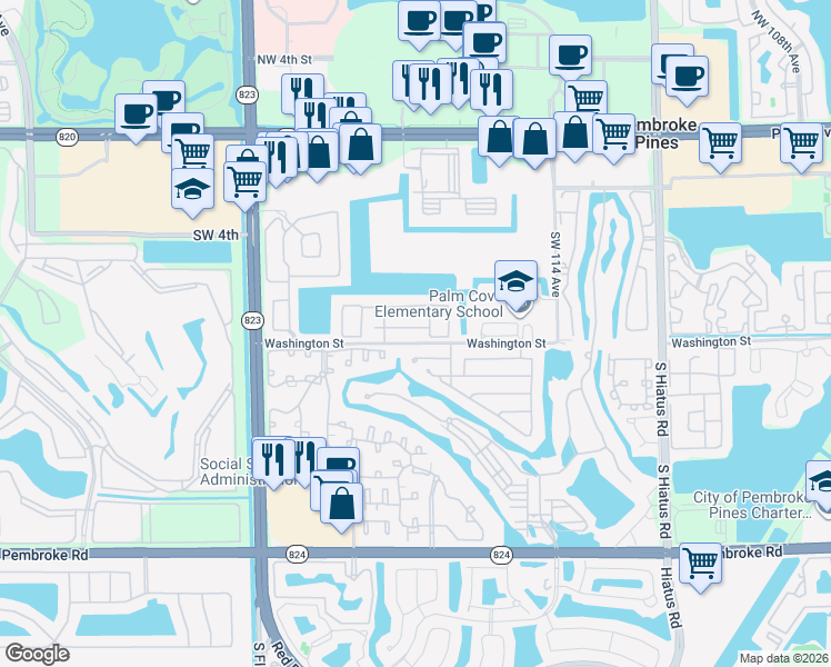 map of restaurants, bars, coffee shops, grocery stores, and more near 11830 Southwest 8th Street in Pembroke Pines