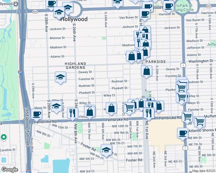map of restaurants, bars, coffee shops, grocery stores, and more near 2402 Rodman Street in Hollywood