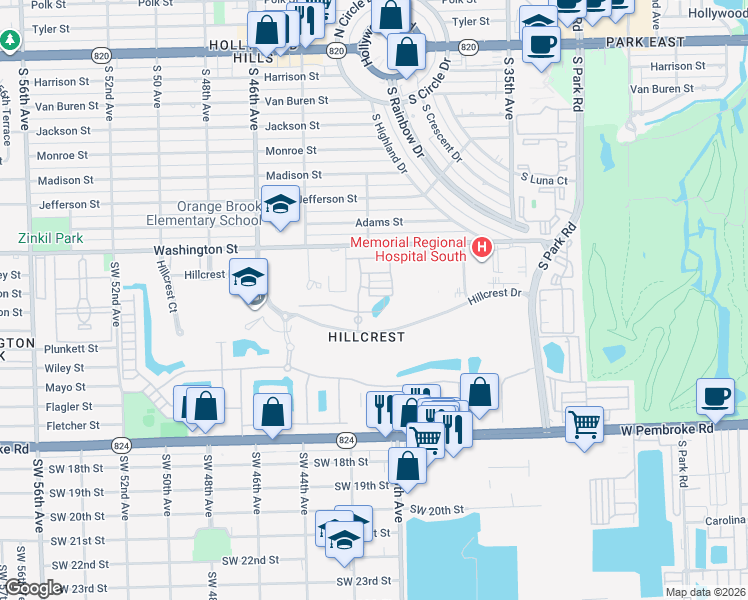 map of restaurants, bars, coffee shops, grocery stores, and more near 3976 Poinciana Lane in Hollywood