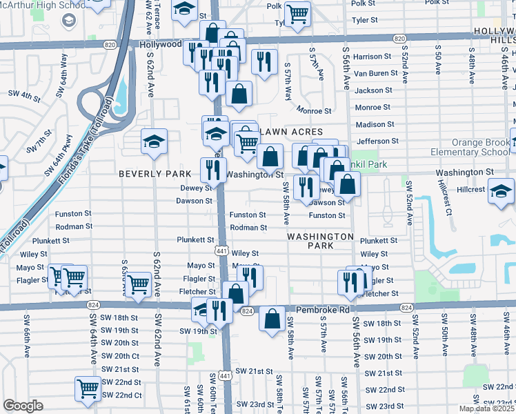 map of restaurants, bars, coffee shops, grocery stores, and more near 5844 Dawson Street in Hollywood